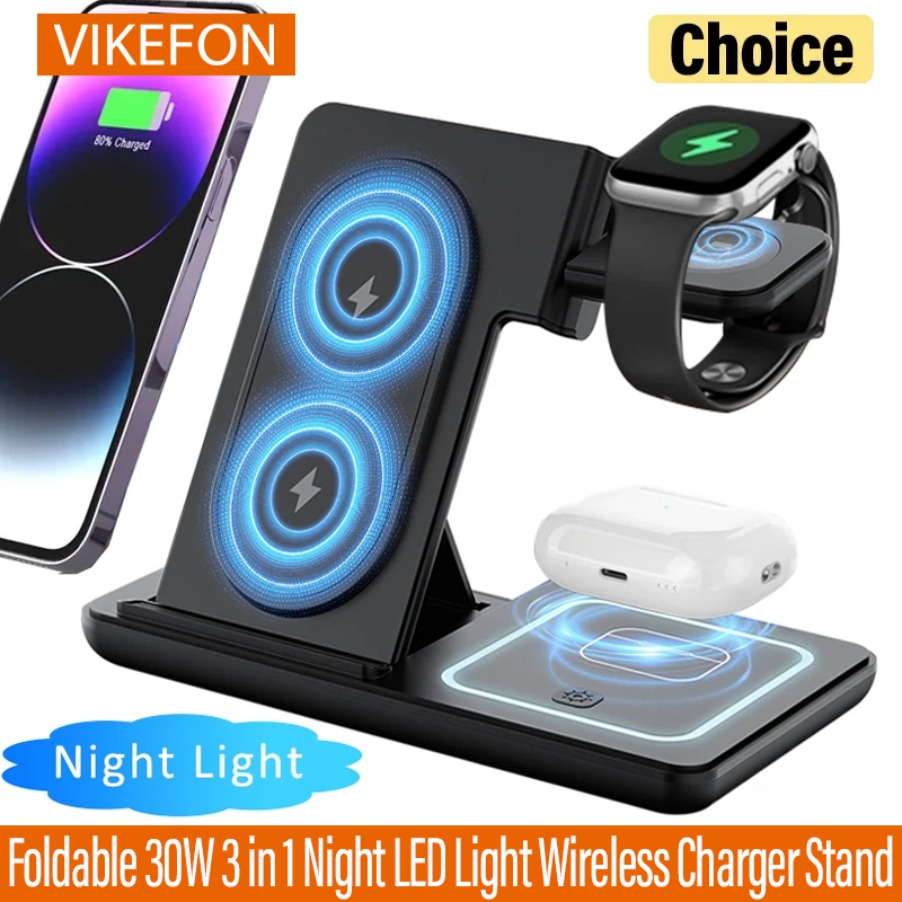 Wireless Charger Watch - 3-in-1 opvouwbare nacht LED-licht draadloze opladerstandaard